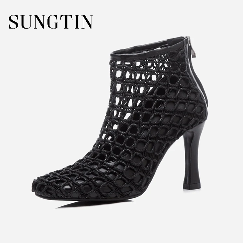 

Sungtin High Quality Hollow Out Summer Boots Women Party High Heels Ankle Boots Lady Sexy Short Boots Black White