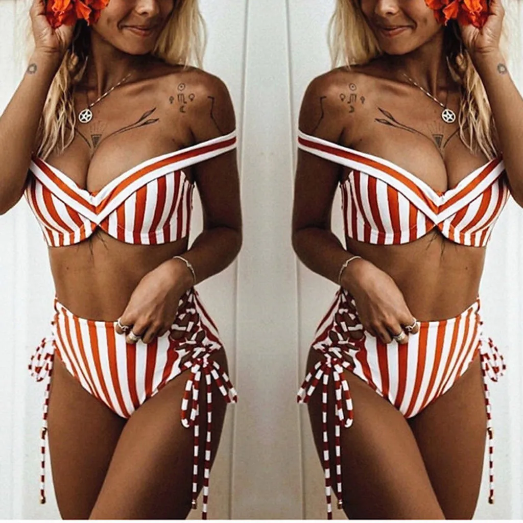

Women Sexy Striped Bikini Set Push-Up Padded Swimwear Swimsuit Beachwear Strapless Wrap Halter Female Biquini Stroj Kapielowy #B