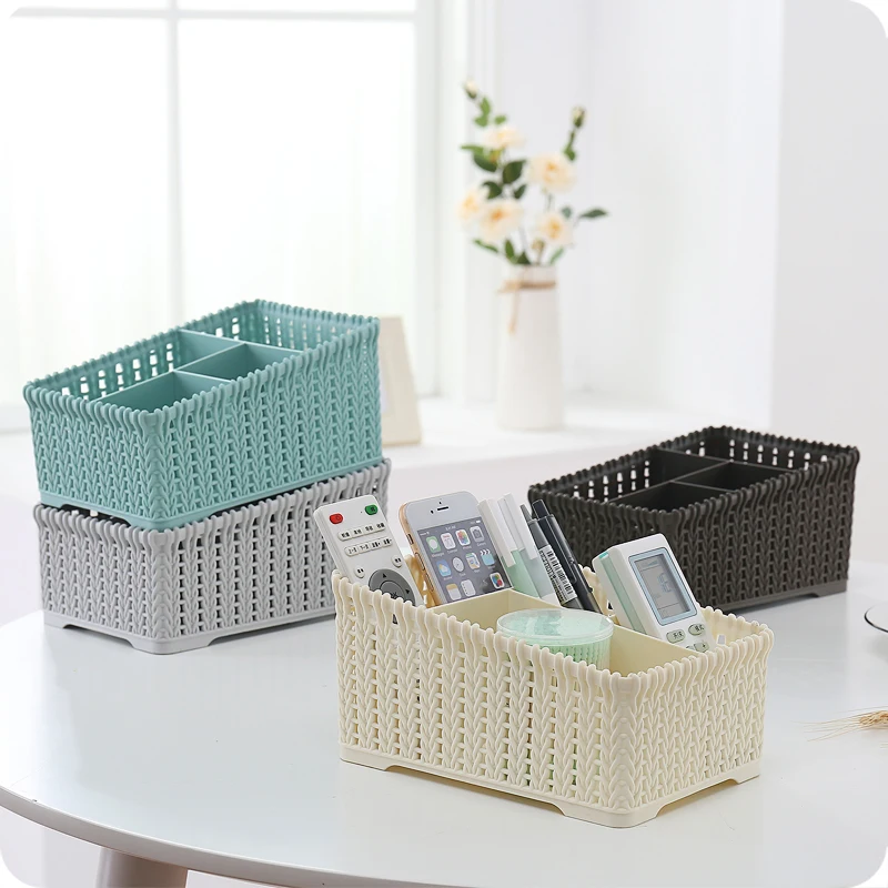 

2019 New Nordic Europe Style Plastic Rattan Weaving Table Storage Box 4 Grids Makeup Sundries Stationery Storage Organizer Box