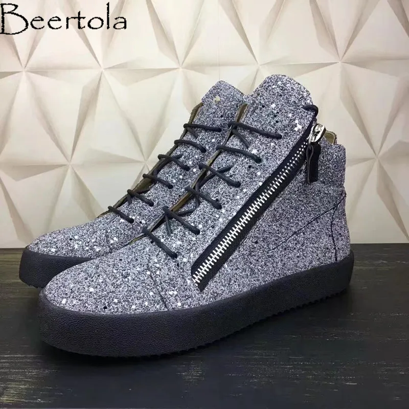 

Beertola Men Casual Shoes Sequined Cloth Round Toe Zipper Decor Luxury Brand Lace Up Zapatos Hombre Unisex Couple Flats Shoes