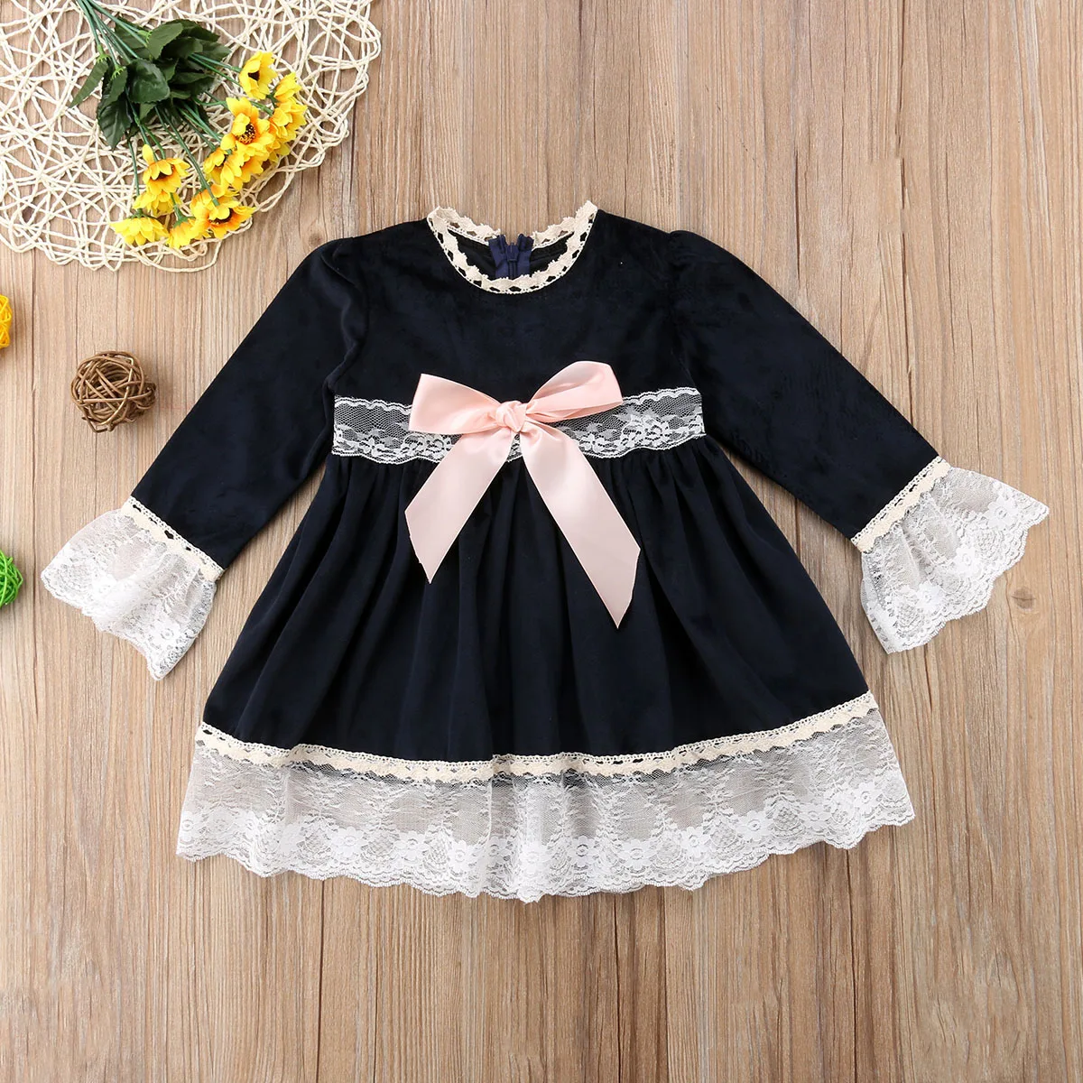 Черное платье принцессы с длинными рукавами для девочек 2018 Брендовое кружевное