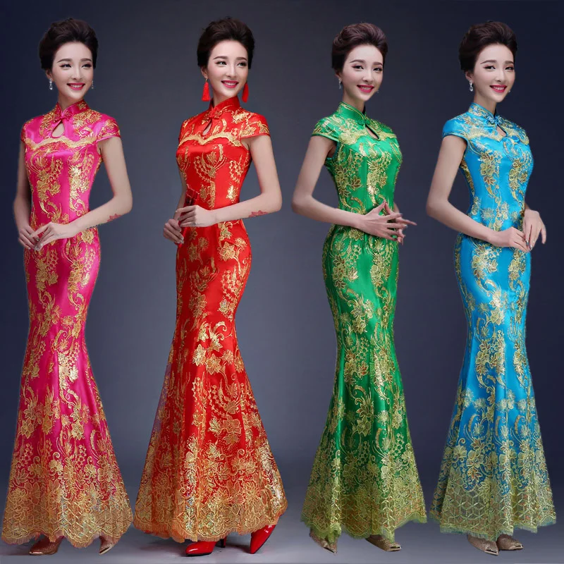 Rojo Azul Verde Color De Lujo Chino Tradicional Vestido De Novia Qipao Sirena Vestido De Novia Cola De Pez Estilo Asiatico Manga Corta Chinese Traditional Wedding Dress Luxury Chineseqipao Styles Aliexpress
