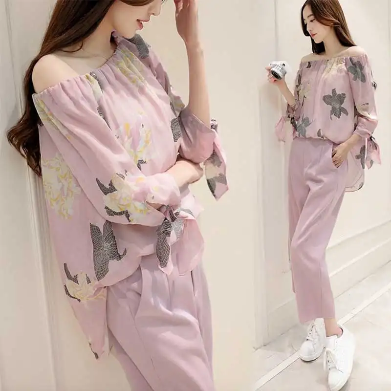 2 Two Piece Set Chiffon Trouser Suit 2016 New Women Clothing Sweet flowers Collar strapless 