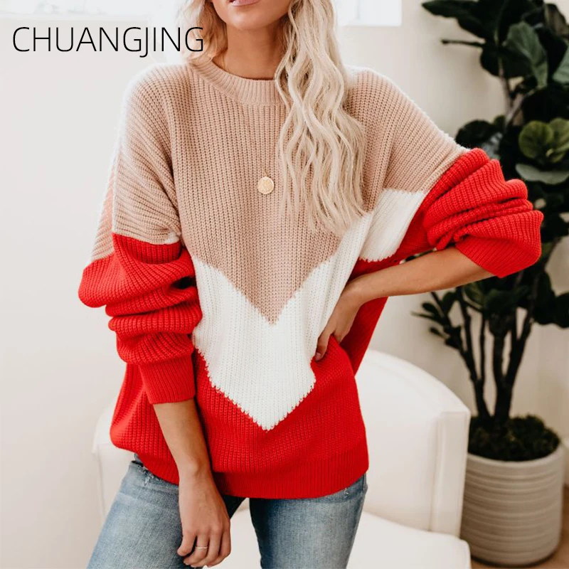 

Autumn Winter Casual Knitted Pullover Sweater Women O-neck Striped Long Sleeve Loose Plus Size Sweater Ladies Fashion Sweater
