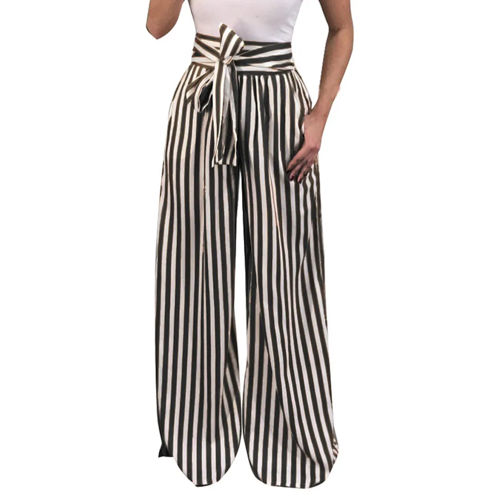 Простые полосатые женские широкие брюки с высокой талией, женские летние пляжные брюки с высокой талией, шикарные уличные повседневные брюки с поясом - Цвет: Черный