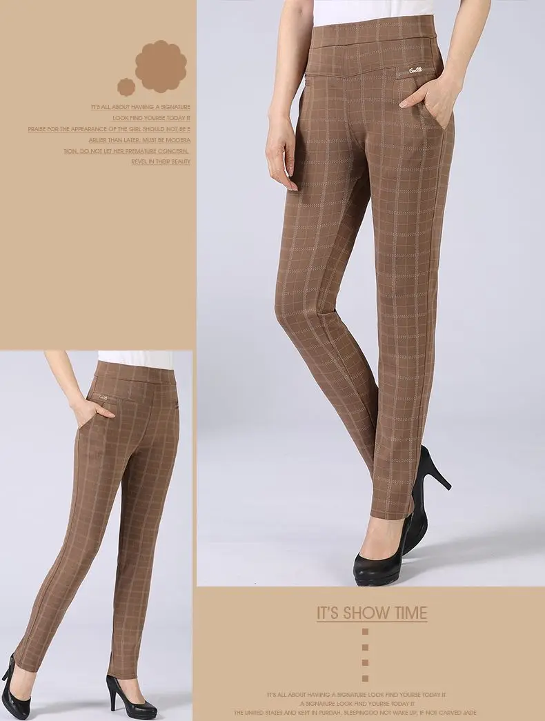 Spring Autumn Woman Casual Pant Navy Blue Black Khaki Gray Trousers Middle Aged Women Plaid Pattern Pants High Waist Trousers Mother Bottoms (5)