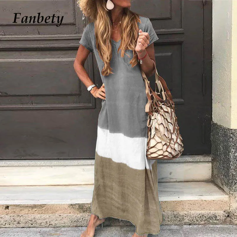 

Fanbety Gradient Color Maxi Robe Dress Women Patchwork Beach Long Dress Elegant heart Print V-neck Short Sleeve Summer Dress 5XL