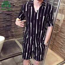 JOOBOX Мужской комплект нерегулярные рубашка в полоску мужские ансамбль homme survetement homme 2 шт. пуловер рубашка+ Шорты Повседневный пляжный комплект рубашка