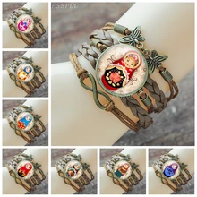 Коричневый цвет Русская Матрешка Babushka Матрешка картина стекло кабошон кожа Шарм браслет для девочек
