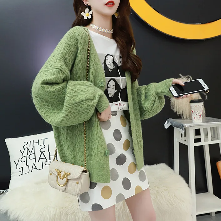 

pink yellow blue green vintage lantern long sleeve fashion solid warm thermal knitted cardigans for women knit sweater cardigan