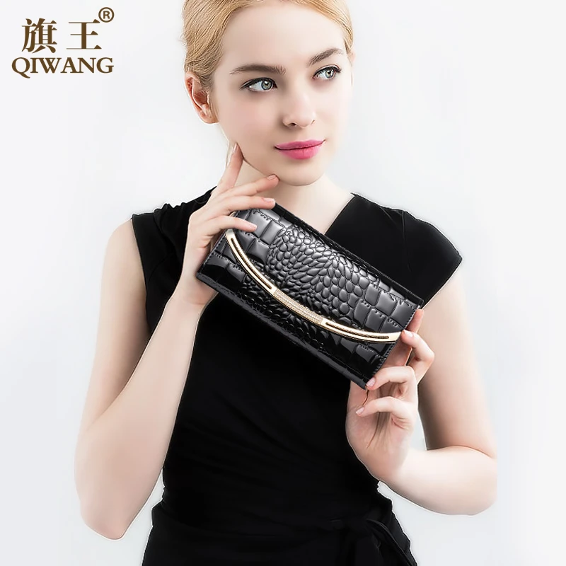 Qiwang Fashion Luxury Purses And Handbags For Women Wallets Cow Split Leather Long Purses Female Wallets Clutch Bag Crocodile