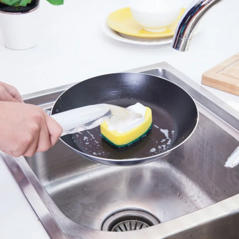 

Replaceable Kitchen Cleaner Liquid Soap Dispensing Sponge Brush with Long Handle Removable Sponge Head