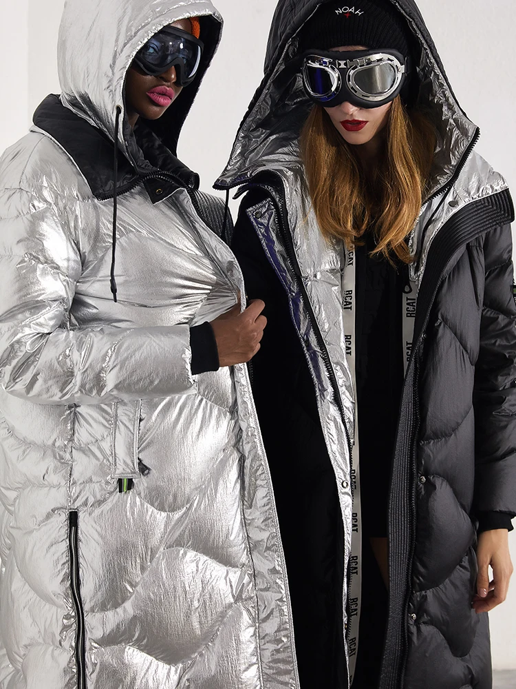 Зимнее Новое дизайнерское модное уличное пальто металлический блестящий свободный пуховик женское длинное пальто черное серебряное пуховое пальто