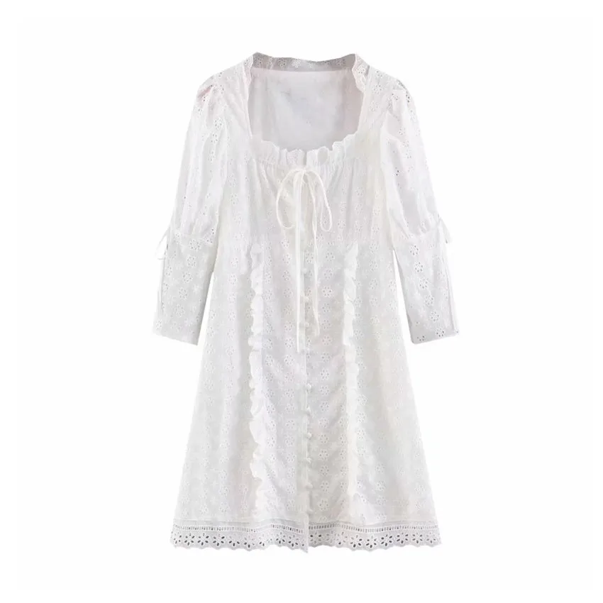 

2019 Women sweet white embroidery dress hollow out square collar half sleeve casual ladies dress short mini dress vestidos