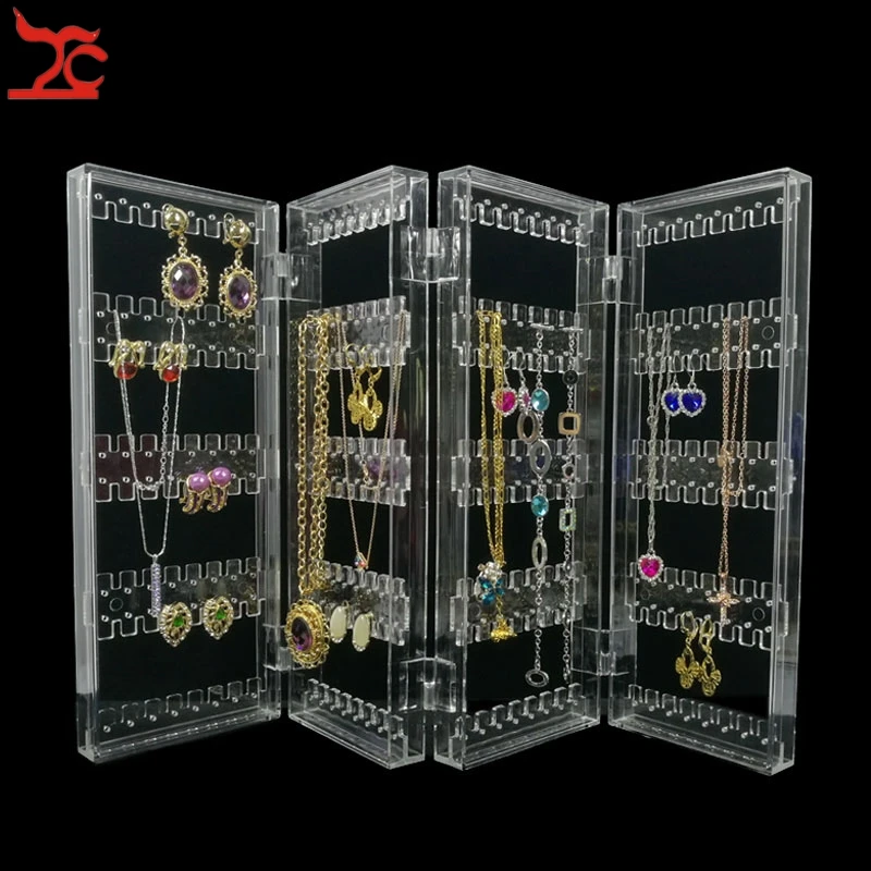 Foldable 4 Panel Clear Acrylic Makeup Jewelry Organizer Holder 256 Holes Earring Stud Necklace Bracelet Case Cabinet Stand Shelf