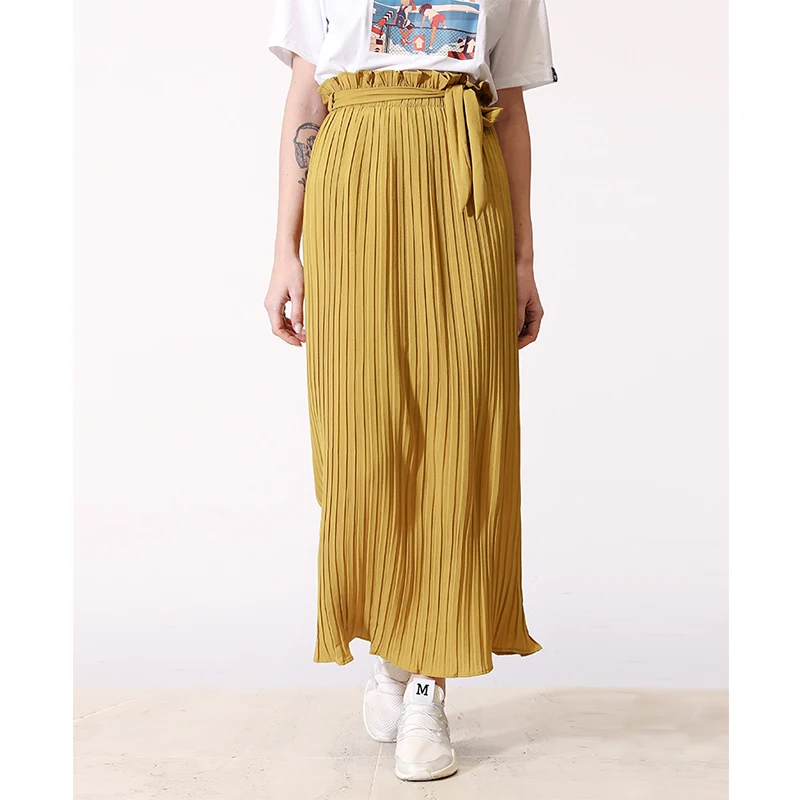

Dubai Islamic Muslim Women Pleated Maxi Long Skirt With Belt High-Waisted Crinkle Stretch Chiffon Muslim Half Dress Oversize