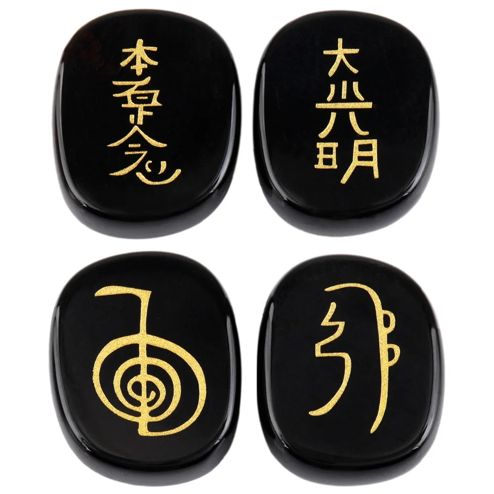 

TUMBEELLUWA 1Set (4Pc) Black Agate Engraved Stone,Palm Usui Stone Healing Crystal Chakra Reiki Symbols