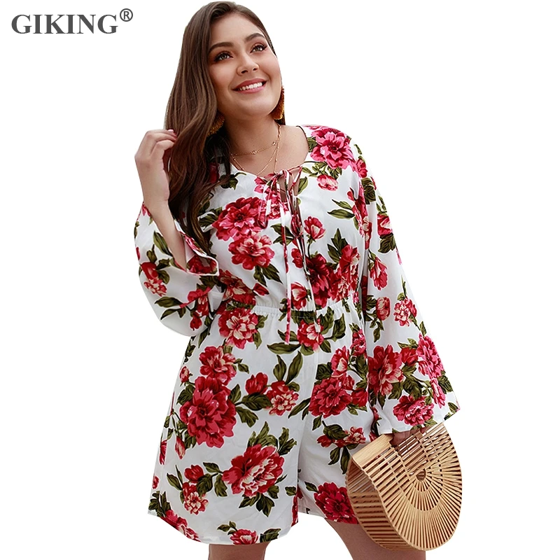 GIKING Floral Print Plus Size Playsuits Full Sleeve Boho Style Jumpsuit Sexy V-neck Woman Spring Summer Office Lady Rompers 2019 | Женская