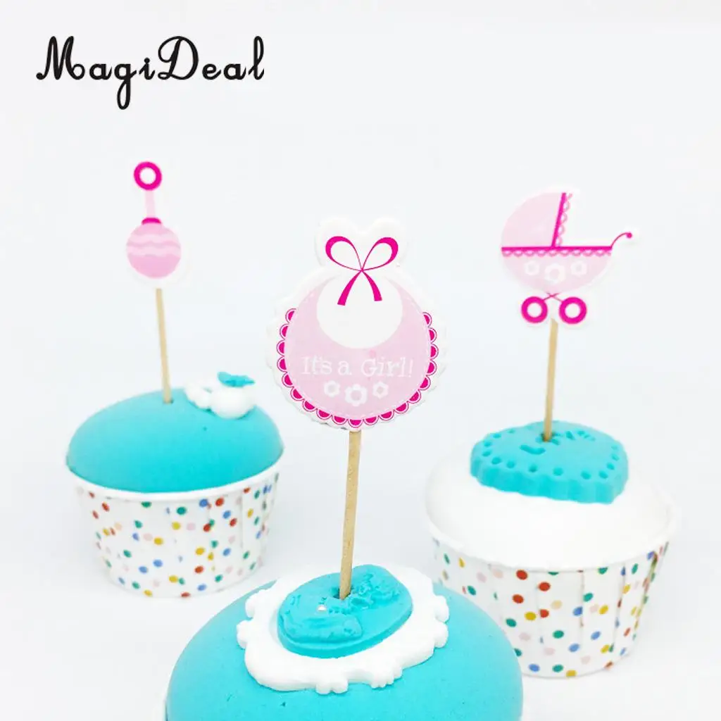 Pack of 36pcs Baby Shower Cupcake Picks Christening Baby Carriage Bib Rattle Cupcake Toppers It's a Girl Boy Party Accessories