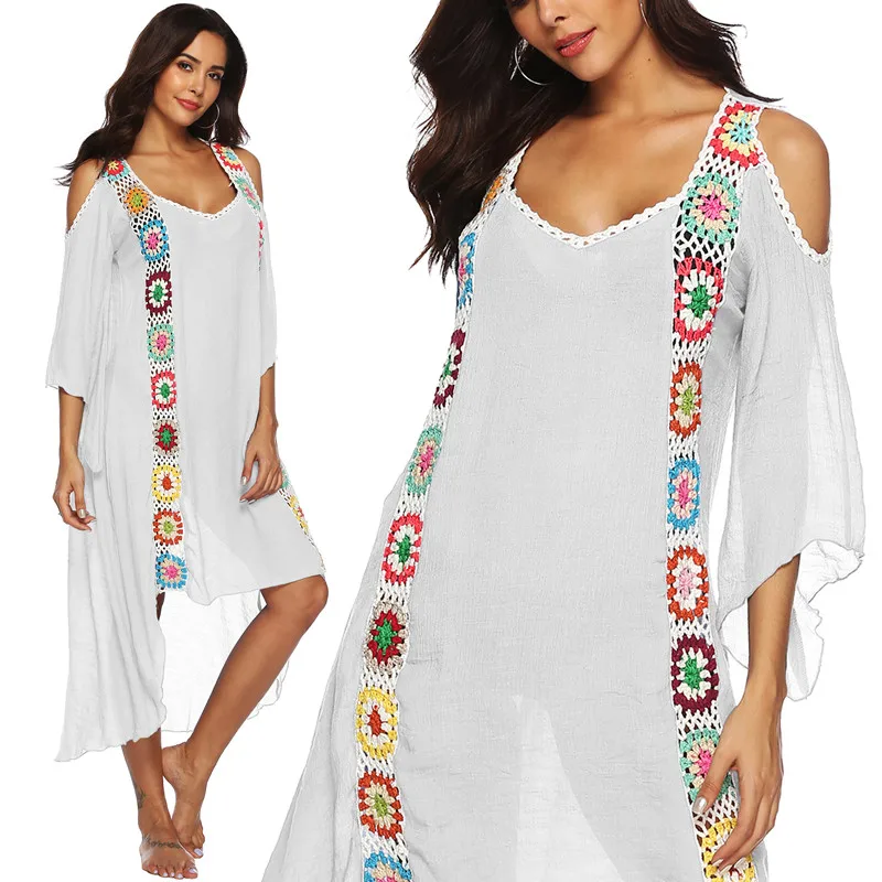 Billige Große Größe Robe Strand Kleid Lange Cover Up Badeanzug Abdeckung up Frauen Ups Weiß Badeanzug Maxi Tragen Beachwear häkeln Blume 2019