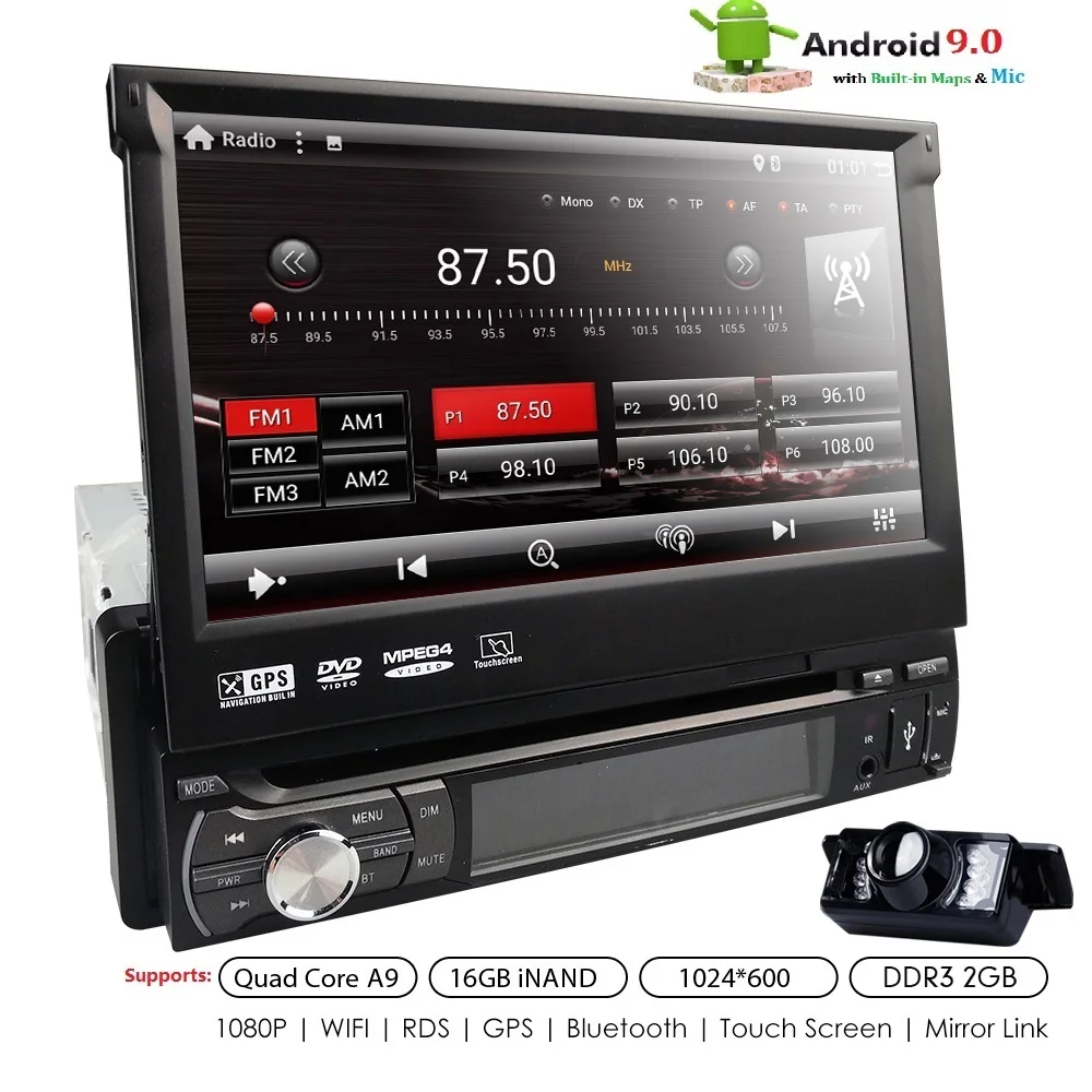 

Universal 1 din Android 9.0 Quad Core Car DVD player GPS Wifi BT Radio 2 GB RAM 16 GB ROM Network Steering wheel RDS Free camera