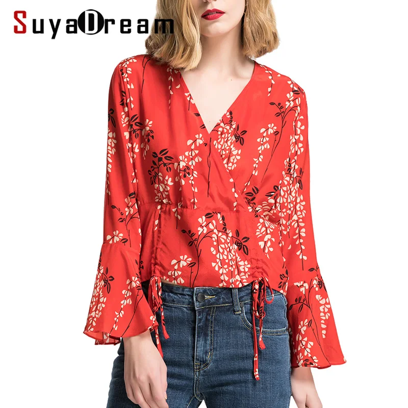 

Women Blouse 100%Real silk Floral Printed Butterfly sleeved Fashion Blouses 2018 Spring Summer New Top shirt Red