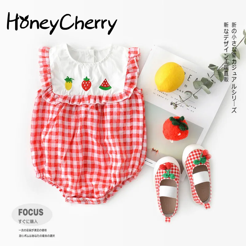 

Baby Bodysuits Checked Lace Sleeve Triangle Crawling Clothes Baby Girl Clothes Children Pink Bodysuit Baby Girl Clothes