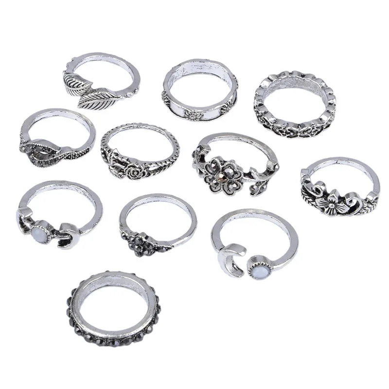 

2017 New Fashion Bohemia 11pcs / set Rings Retro Crystal Rhinestone Leaves Rose Sun Moon Alloy Carved Totem Ring For Women