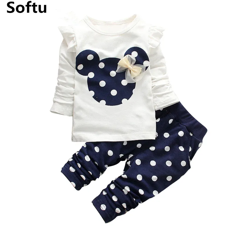 Softu/детская одежда для маленьких девочек; повседневные хлопковые костюмы с длинными рукавами и рисунком; Одежда для новорожденных; комплект одежды для детей; От 0 до 3 лет