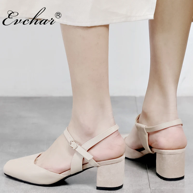

EVCHAR new fashion Women Sandals Summer Thick Chunky Med Heels Square Toe Ankle Strap Comfortable elegant Shoes Plus Size 31-44