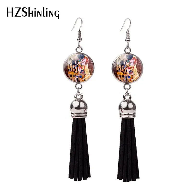 

2018 New Gustav Klimt The Kiss Tassel Earring Mother And Child Painting Fish Hook Earrings Silver Jewelry Glass Dome Earbob