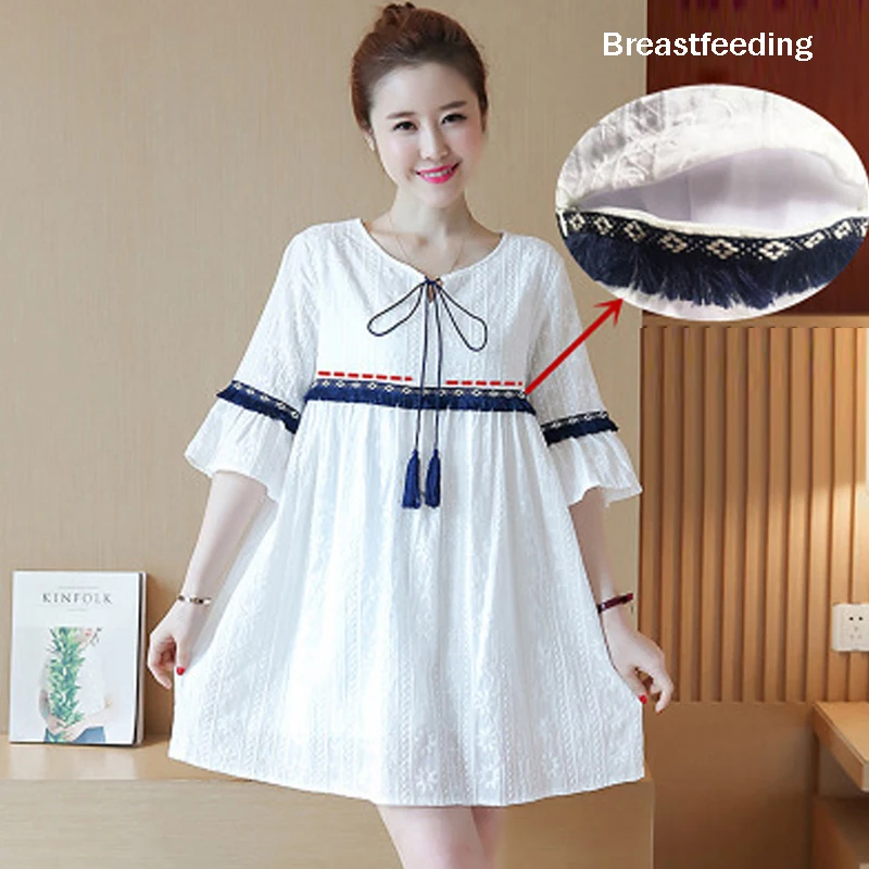 Pregnant Women Summer Cotton And Linen Embroidery Horn Sleeve maternity clothes pregnancy  Breast-feeding Tassel Maternity Skirt