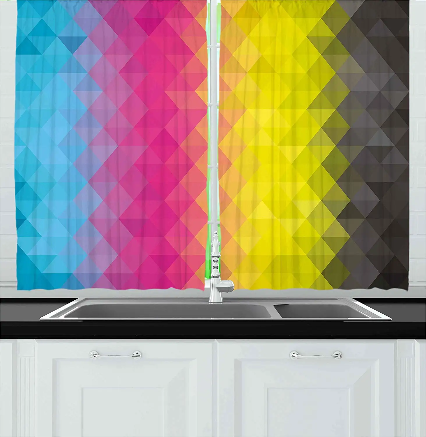 

Abstract Kitchen Curtains Colorful Geometric Vertical Pattern Artistic Modern Mosaic Design Illustration Window Decor Panels