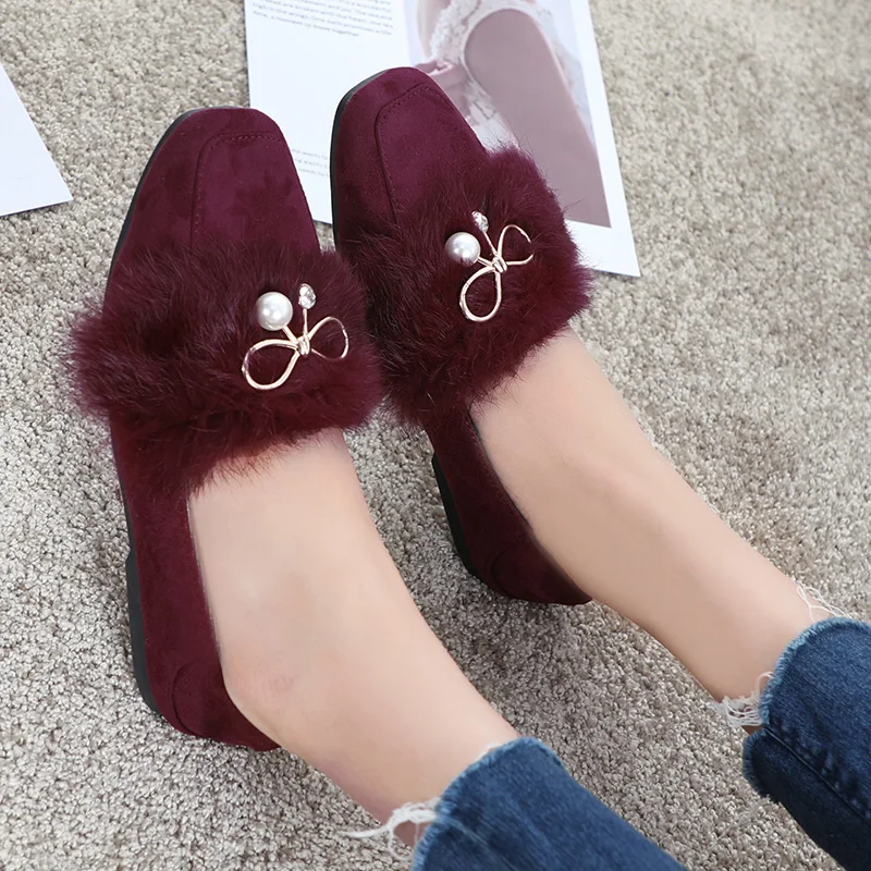 Chaussures Femmes Rose La Fourrure Hyoma De Taille Perle Noir Rouge Zapatos Nouvelle Mujer vin Appartements rose Femme coréen Plus Confortable Strass Noir TqrST76