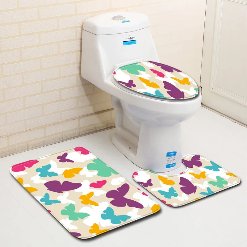 3pcs Bath Mats Butterfly Cartoon Anti Slip Bathroom Mat Set Coral Fleece Floor Bath Mats Washable Toilet Rugs Bathroom Products