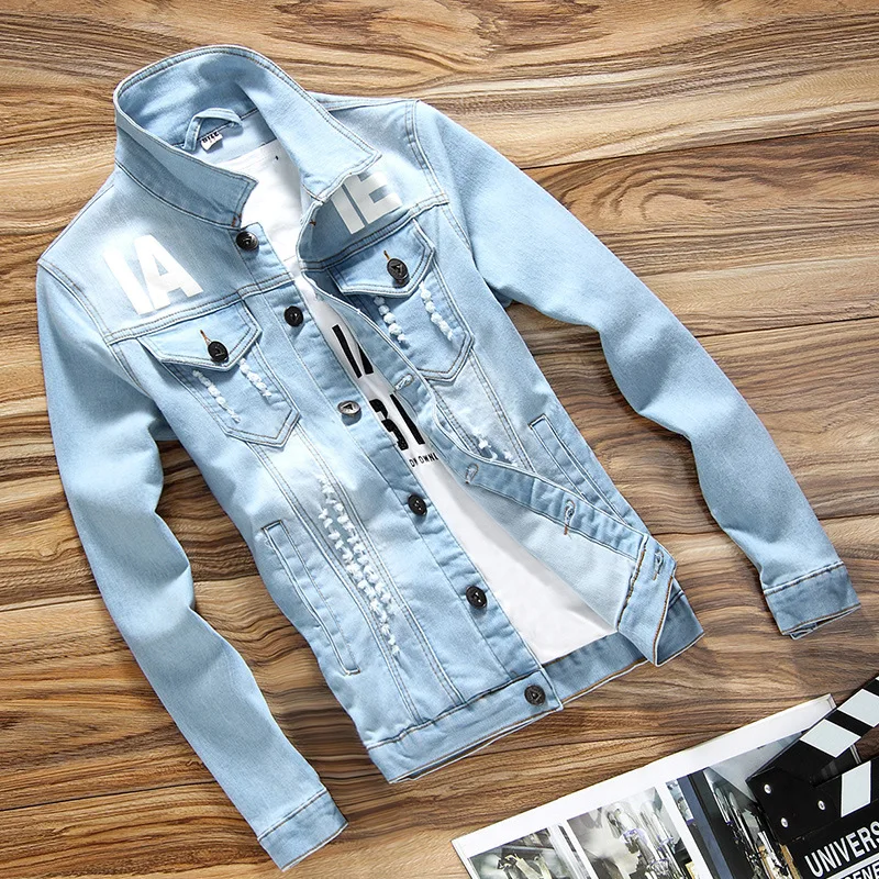 men ripped slim denim jacket