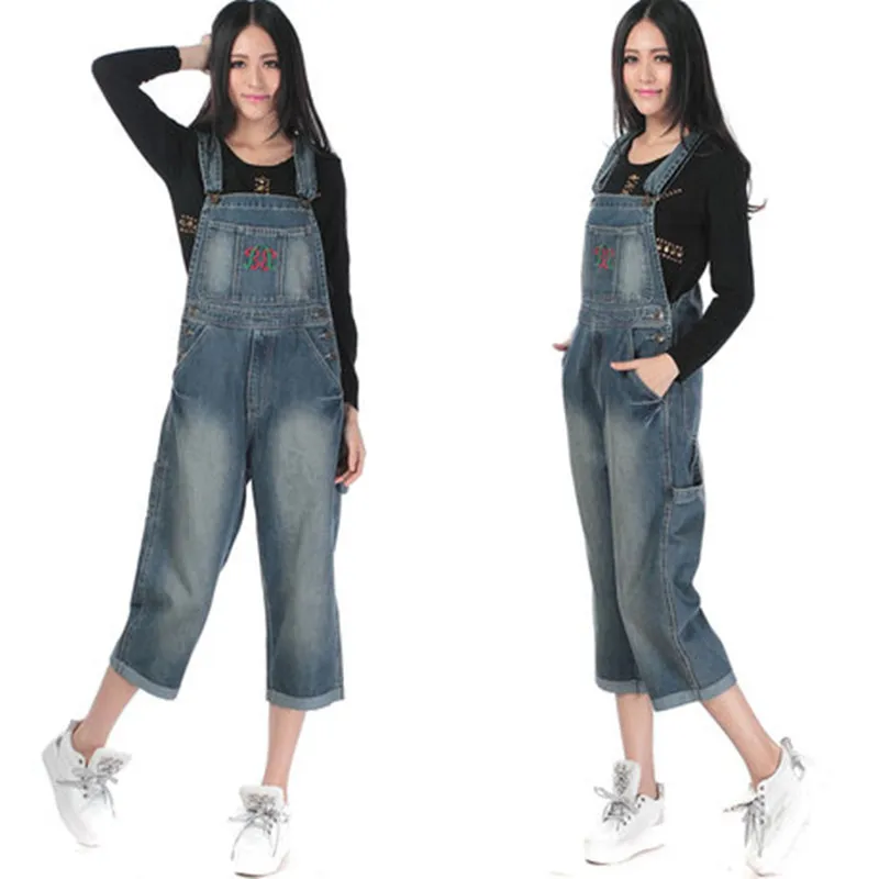 

Free Shipping 2015 Embroidery Fashion Capris Ladies Romper Pants Women High Quality Denim Jeans Loose Plus Size Summer Jumpsuits