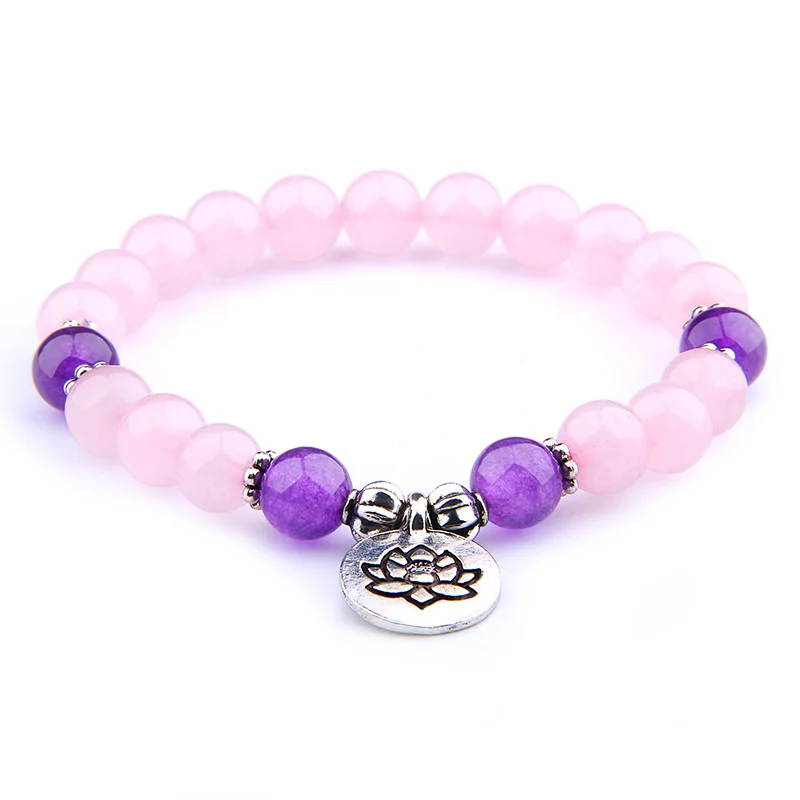 

Natural Rose Quartzs Beads Bracelet Pink Crystal Beaded Women Bracelet Trendy Silver Ohm Lotus Flower Charm Bracelet Jewelry