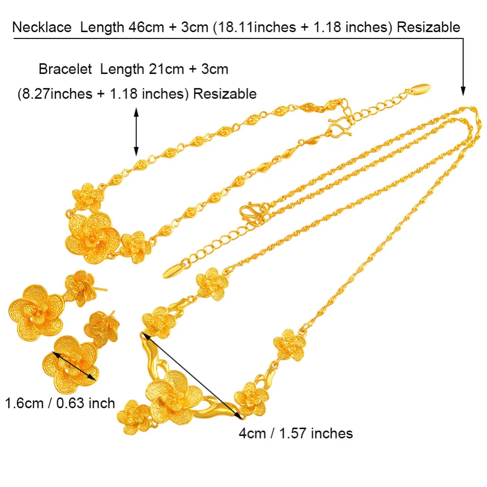 Anniyo Модный комплект ювелирных изделий золотого цвета, подвеска в виде цветка, ожерелье, серьги, браслет для женщин, невесты, свадебные подарки для вечеринки#037804