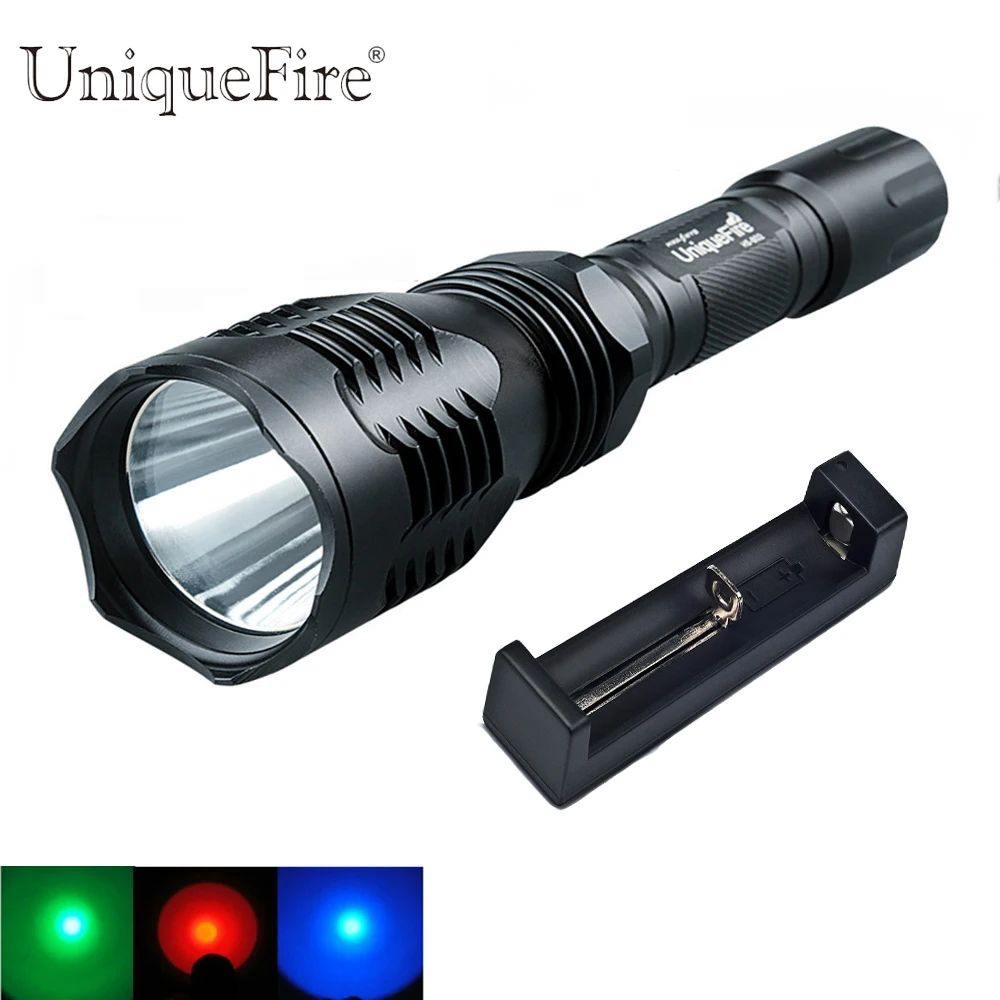 

UniqueFire 250LM Led Flashlight HS-802 XP-E Green/Red/White Light 3 Modes Powerful Torch Black Lamp+18650 Charger
