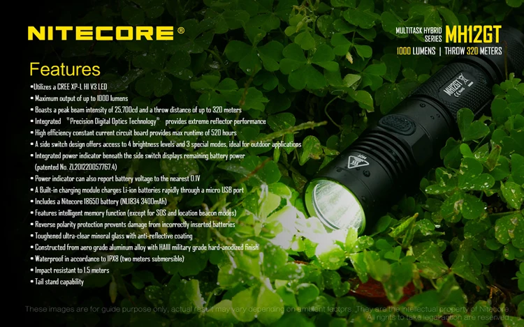 Топ продаж NITECORE MH12GT 1000LM светодиодный 18650 3400mah аккумулятор USB Перезаряжаемый Фонарик поисково-спасательный портативный фонарь