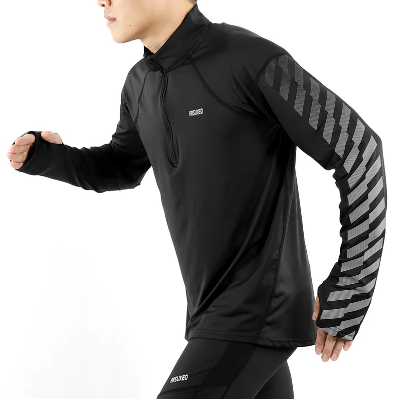 ARSUXEO, светоотражающая Спортивная рубашка с длинным рукавом, мужские футболки для бега с половинной молнией, для улицы, тонкая, сухая, подходит для фитнеса, футболка для спортзала