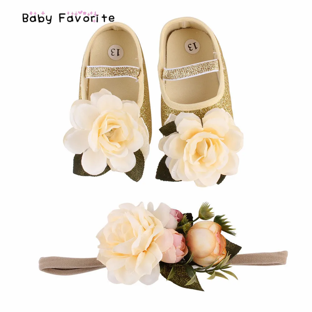 Flower Spring First Walk Baby Girl Shoes Moccasins Soft Infant Fabric Baby Booties Headband Set Gold And Pink DIY Shoes-09