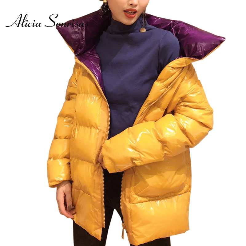 

Women's Winter Short Glossy Short Shiny Jacket New 2018 Stand Collar Zipper 6 Colors Loose Bread Overcoat Warm Parka AS2659