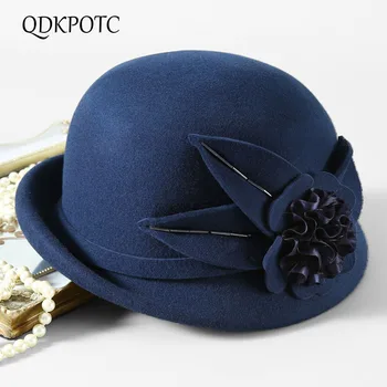 

QDKPOTC 2018 100%Wool Women Fedoras Autumn And Winter New Elegant Crimping Bowler Cap England Flower Fashion Hats