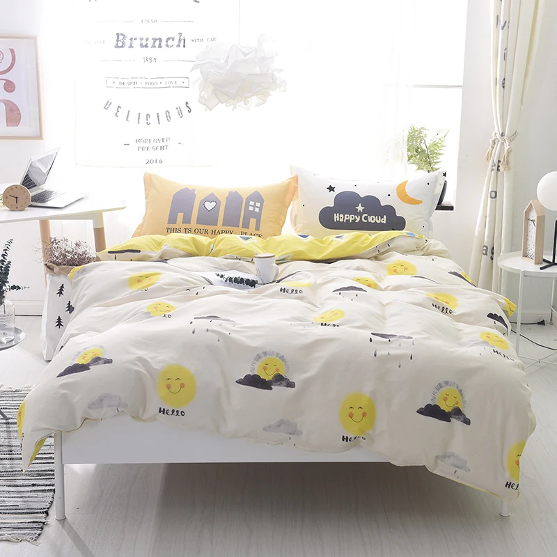 

Cartoon white yellow Smiling Face Flaky clouds 4pcs cotton Bedding Set Bedclothes Bed Sheet Duvet Cover Pillowcase home textiles