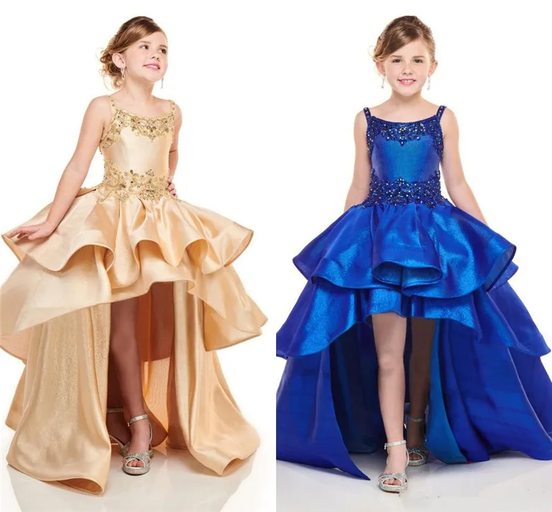

Luxury Royal Blue Hi-Low Little Girls Pageant Dresses with Straps Layers Beaded Kids Formal Prom Evening Party Gown