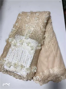 

Nigerian Lace Fabric 2019 High Quality Beige Pink Green 3d Flowers Fabric African Beautiful Mesh Lace Fabric With Beadss