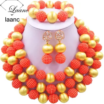 

Laanc Orange Simulated Pearl African Wedding Beads Bridal Jewelry Set Nigerian Necklace for Women NAL463