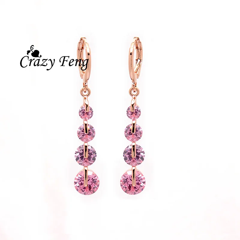 

Brand Crazy Feng Engagement Gift Pink Round Cubic Zirconia Dangle Earrings Fashion Women Lady Jewelry Gold-color Drop Earrings